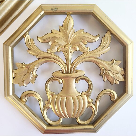 Vtg MCM Syroco Gold Octagonal Wall Art Plaques Decor Set Of 2 Floral Vase Design - Picture 2 of 14